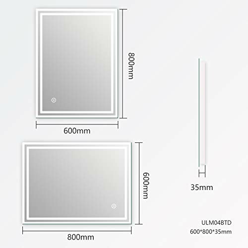 Dimensions d'un miroir rectangulaire avec éclairage LED.
