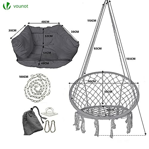 Chaise suspendue grise avec dimensions et accessoires.