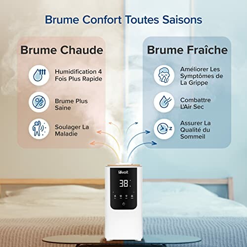 Humidificateur avec options de brume chaude et froide.