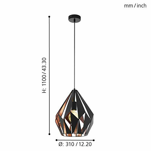 Lampe suspendue géométrique moderne avec ampoule visible.