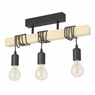 Lustre moderne en bois avec trois ampoules.