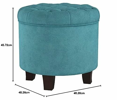 Ottoman rond en velours bleu avec mesures.