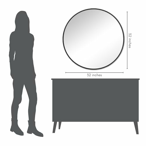 Guide de taille pour miroir rond mural avec figures pour l'échelle.